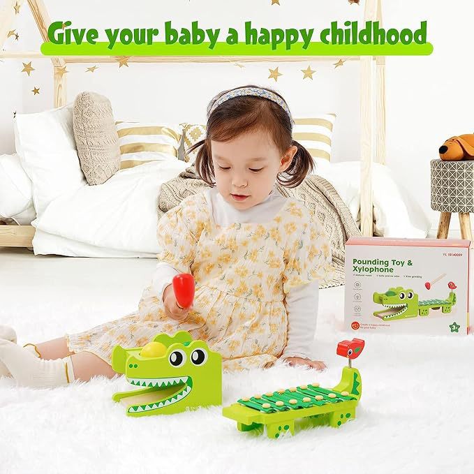Kids Toys Xylophone - 몬테소리 나무 악어 실로폰 장난감, 볼