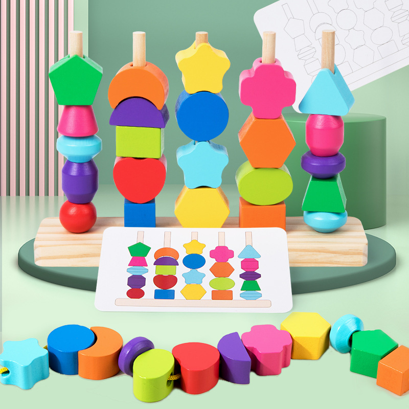 Wooden Blocks Stacking - 몬테소리 나무 구슬 시퀀싱 장난감 세트,